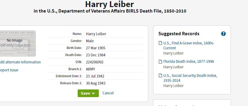 Harry Leber Army Record