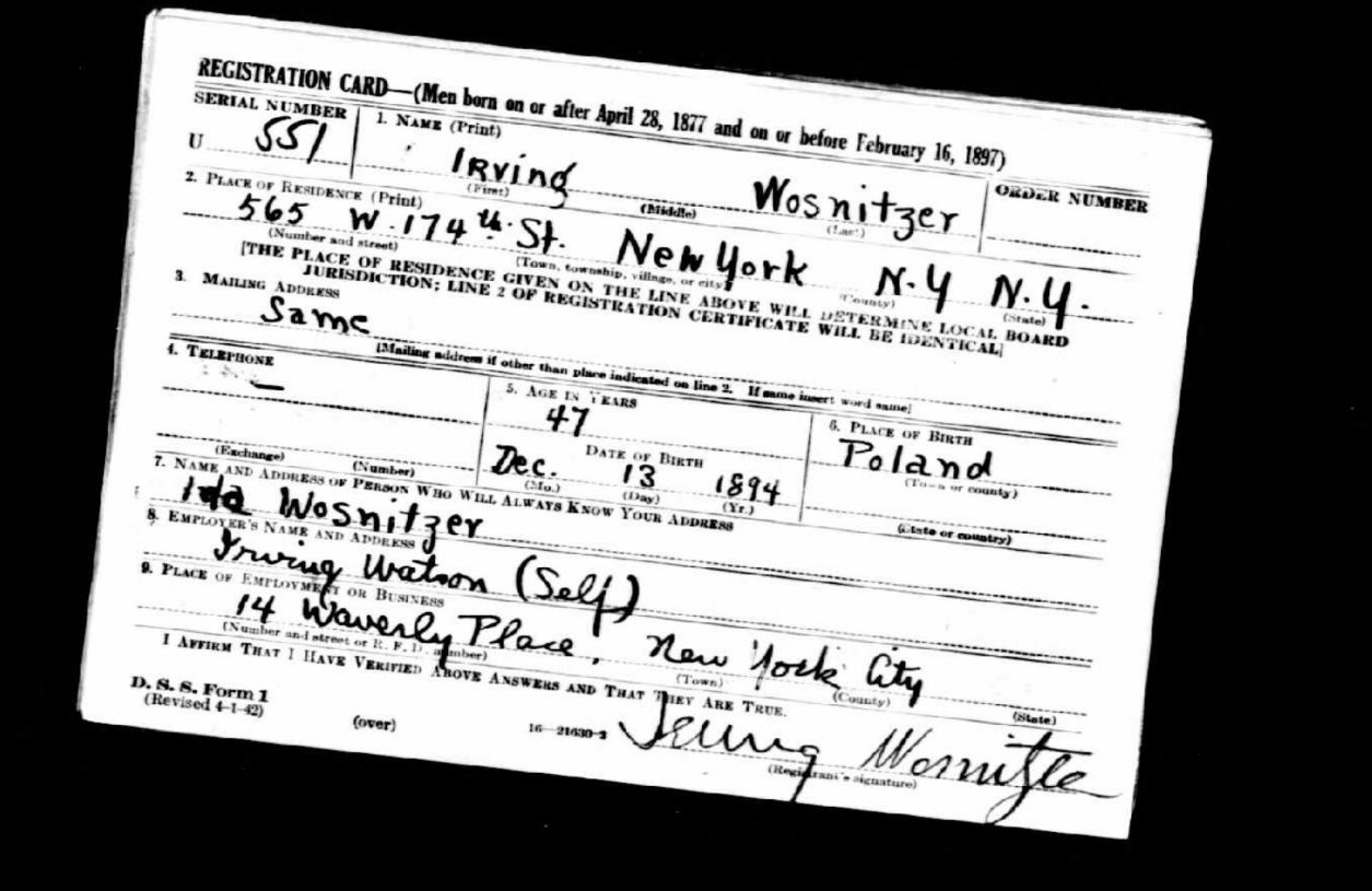 IRving Wosnitzer WWII Draft Card