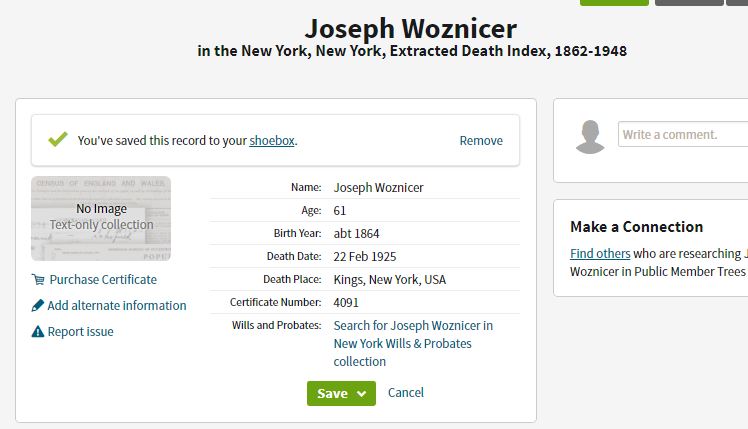 Joseph Wosnitzer Death 1925