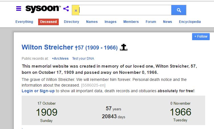 Wilton Streicher Death Info
