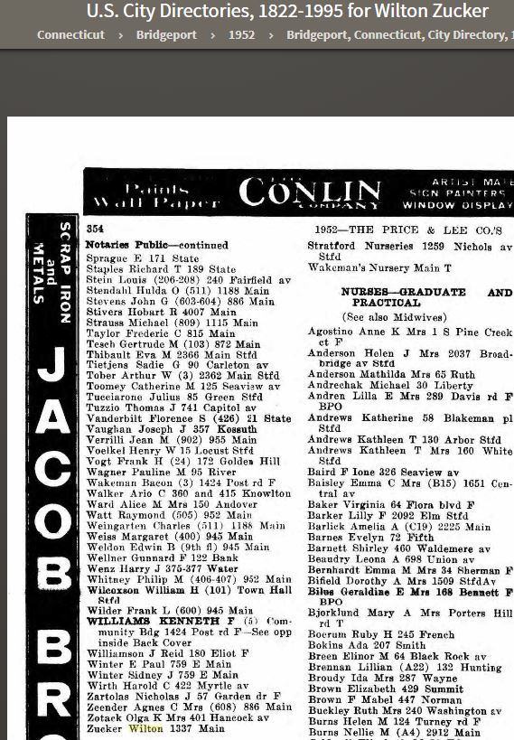 Wilton Zucker 1952 City Directory