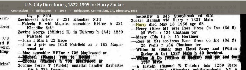 Zucker 1956 City Directory Listing