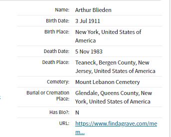 Arthur Blieden Cemetery Information