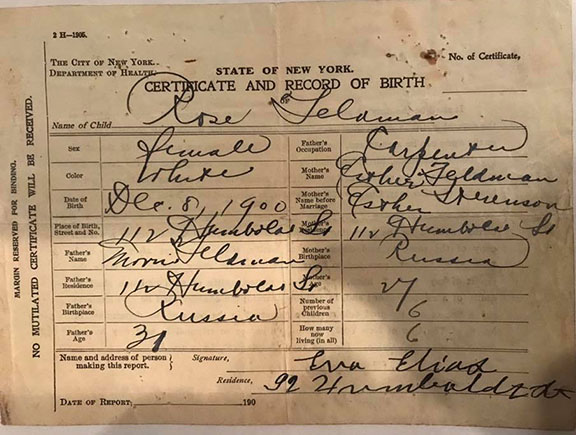 Rose Feldman birth certificate