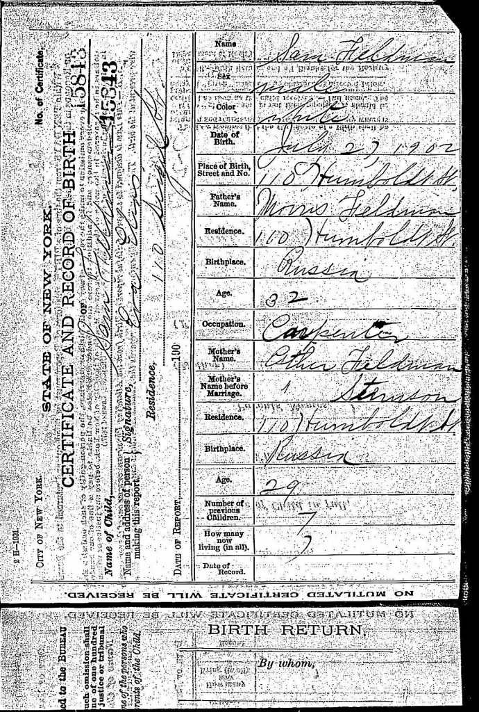 Sam Feldman's birth certificate - 1902