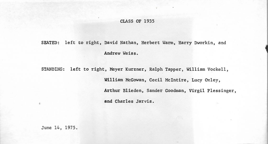 1975 Reunion Names from the 1935 Medical School Class from the Universit of Cincinnati