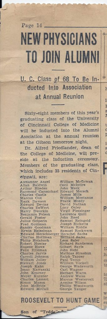 List of names of new physicians from the University of Cincinnati, class of 1935