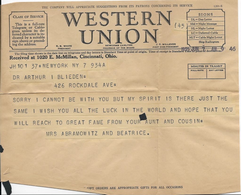 Telegram to Arthur from his cousins