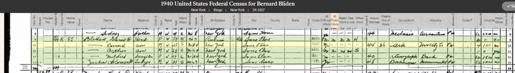 1940 Census record for Bernard Blieden