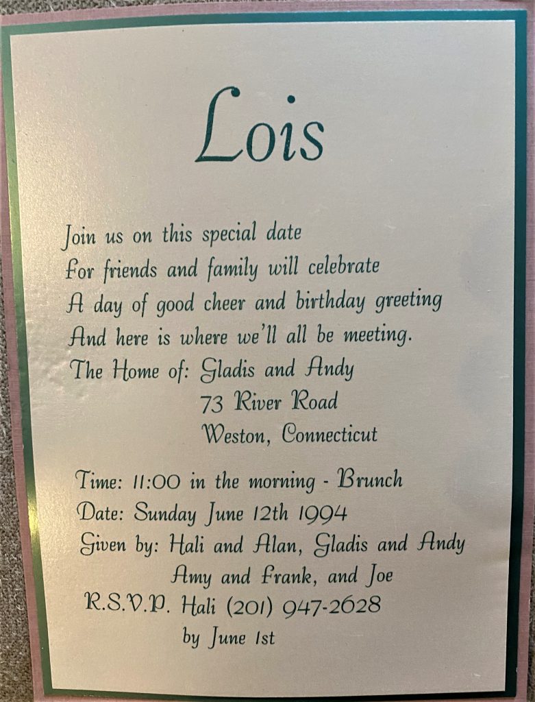 Invitation to Lois' 75th Birthday Party