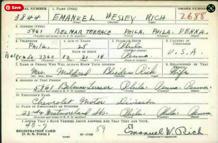 Manny Rich 1914 draft card front