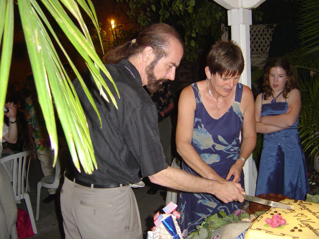 Harvey and Magnhild cuting their wedding cake, 2006