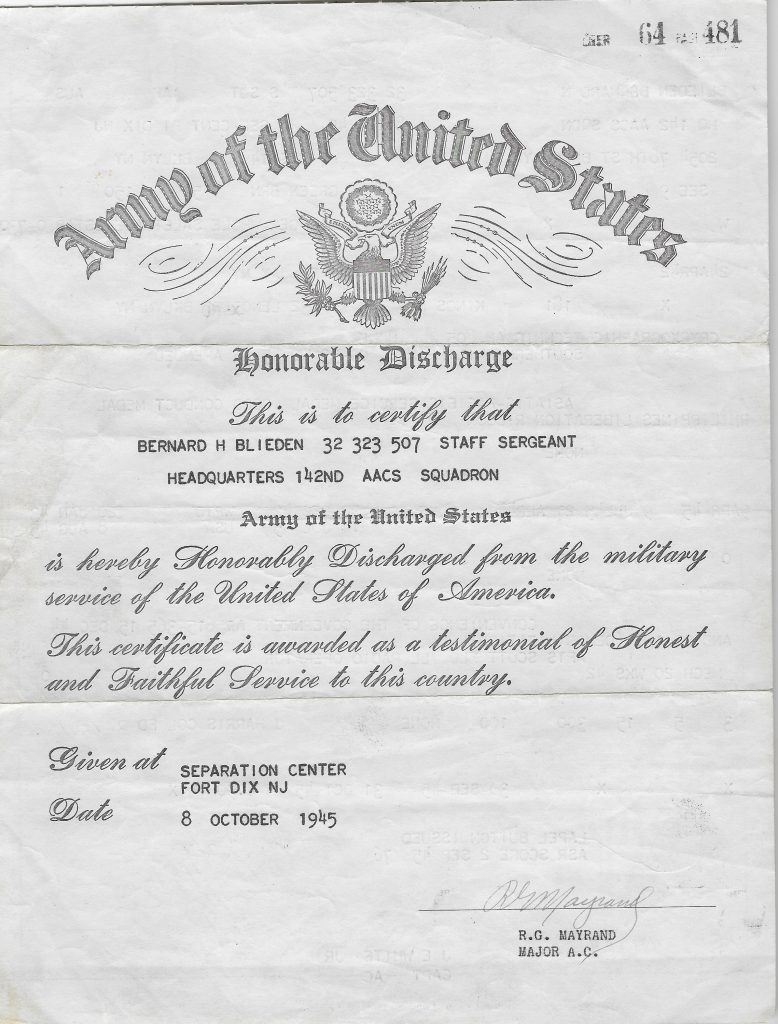 Bernie's WWII Discharge Paper- back