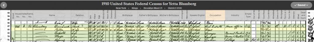 1910 US Census for Yetta Blumberg's family