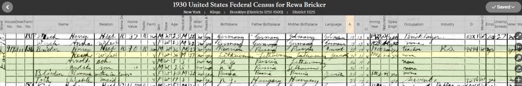 1930 Census for Hannah Blieden