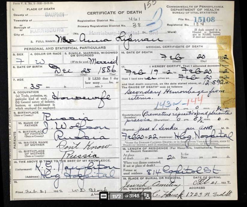 Anna Wolfson Lipman Death Certificate