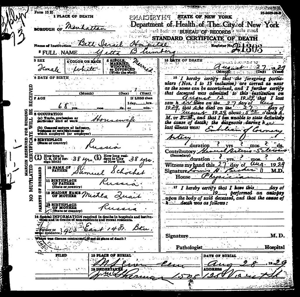 Yetta Blumberg Death Certificate