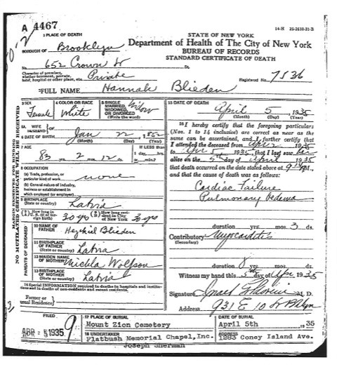 Hannah Blieden death certificate