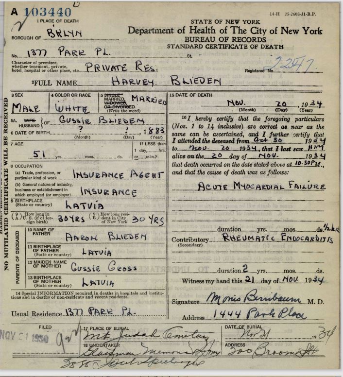 Harvey Blieden Death Certificate  page 1
