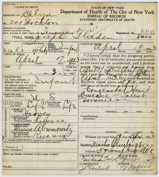 Joseph Blieden Death Certificate