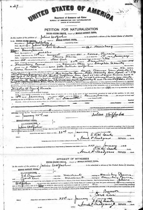 Julius Wolfson's Naturalization Petition of 1908