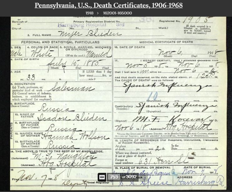 Meyer Blieden death certificate, 1918
