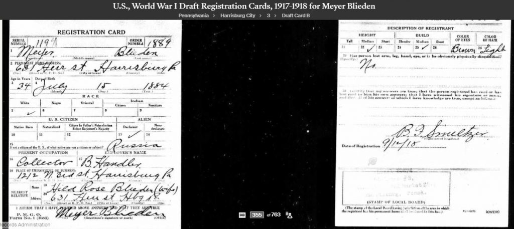 Meyer Blieden's WWI draft card