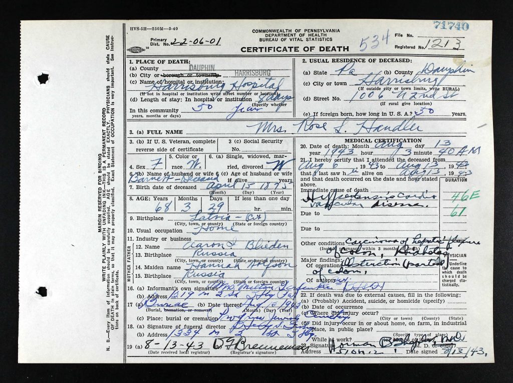Rose Lily's death certificate