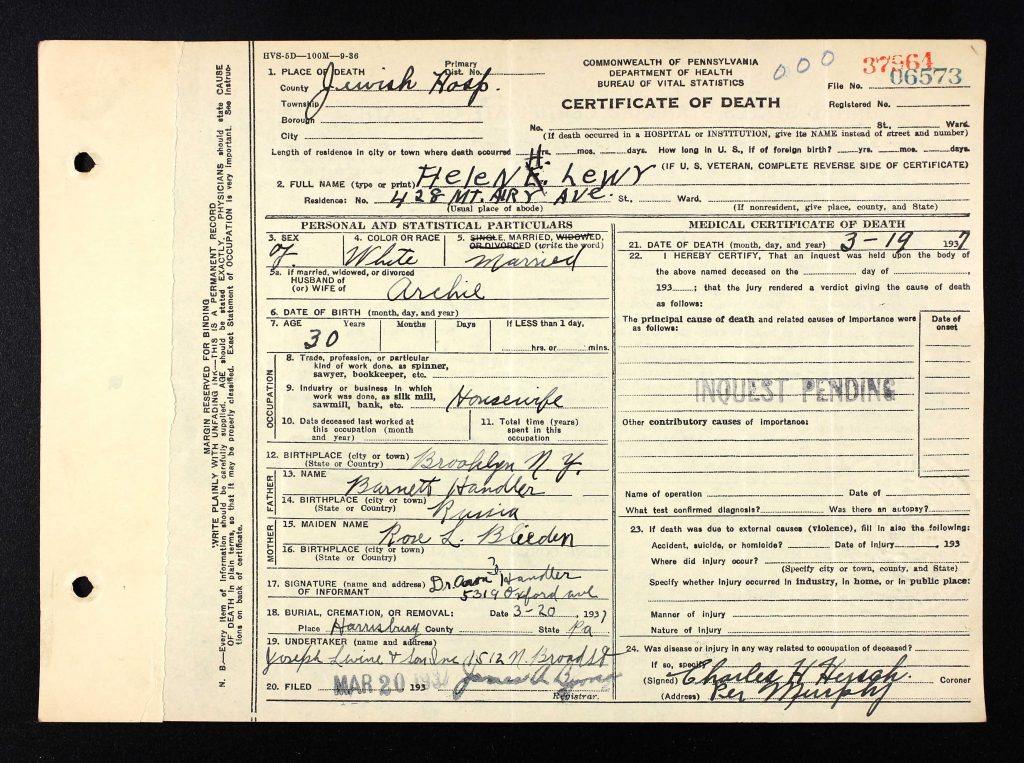 Helen Handler Lewy death certificate