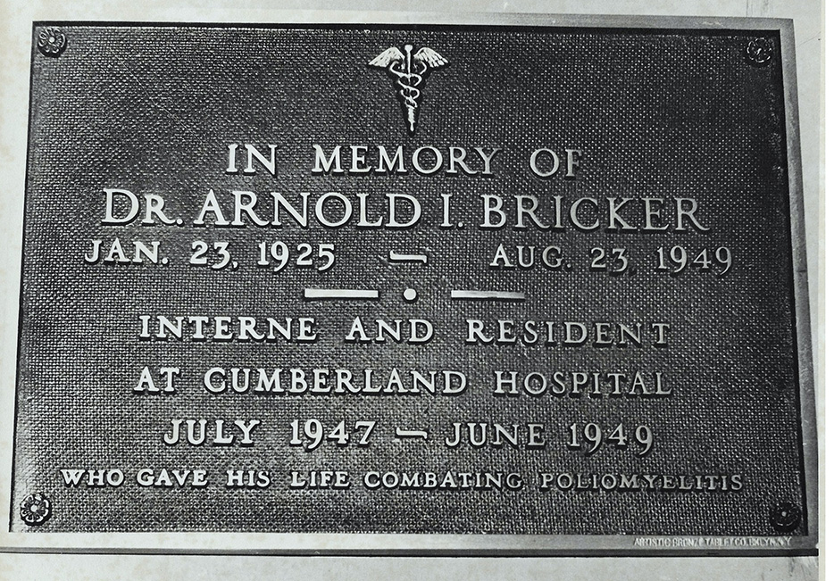 Arnold Bricker memorial plaque at Cumberland Hospital in NY.