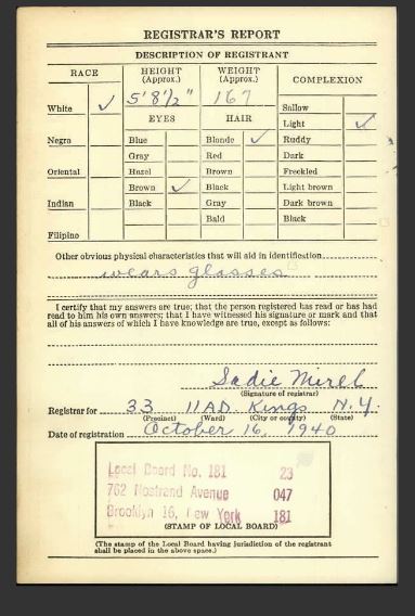 Back of Arthur Blieden's draft card