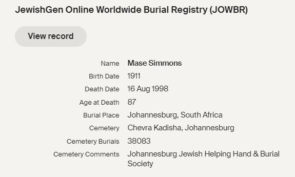 Milly Simmons death record from JOWBR