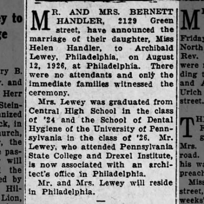 Helen Handler Marriage Announcement, 1926