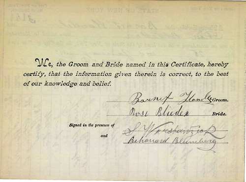 Back of marriage license for Rose and aBarnett