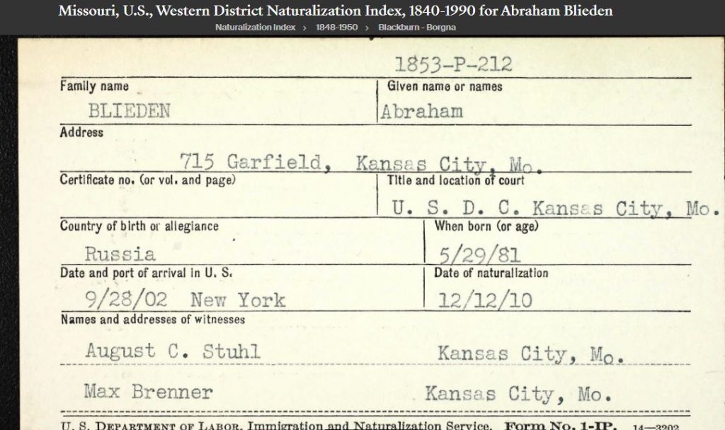 Abe Blieden - naturalization granted - 1910