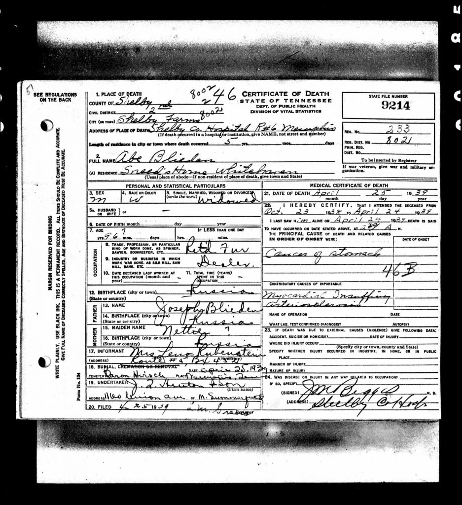 Death Certificate for Abe Blieden, Memphis, 1939