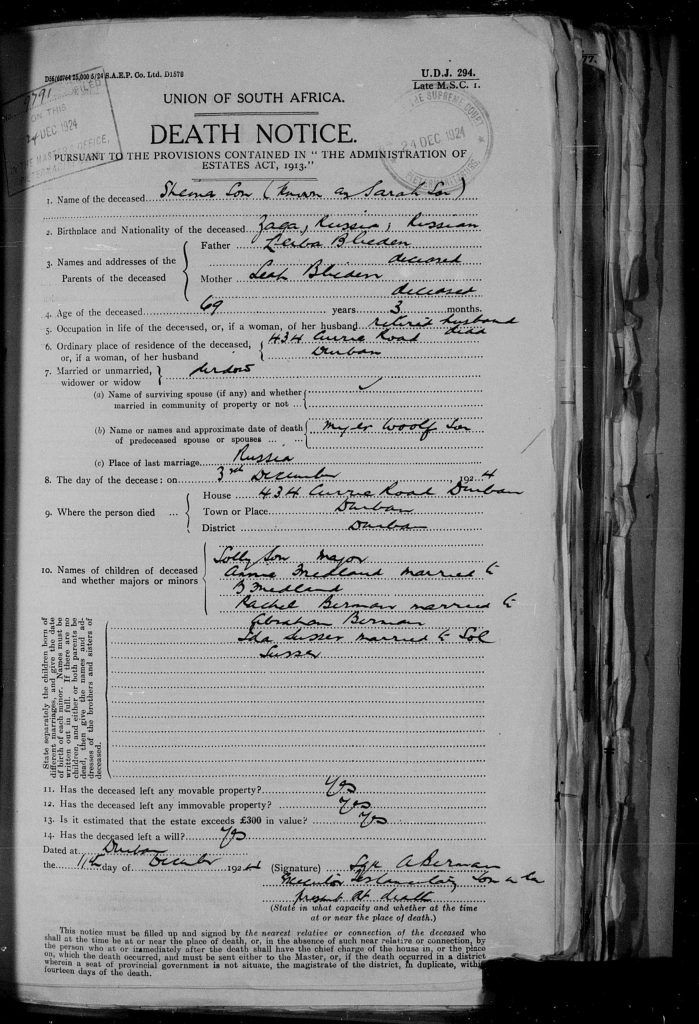 Death Certificate of Sheina Son, 1924