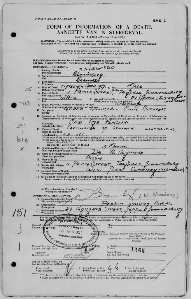 Barnett Bloomberg Death Certificate
