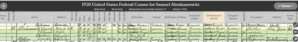 1920 US Census record for Sam Abramowitz and family