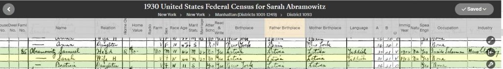 1930 Census for Sam Abramowitz and family
