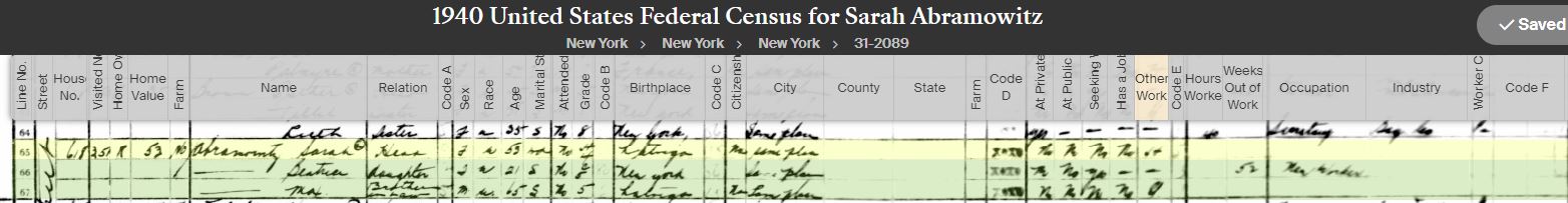 1940 Census for Sarah, Bea and Max