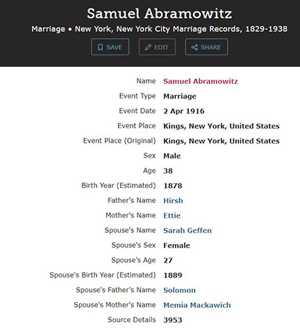 Marriage record for Samuel Abramowitz to Sarah Geffen, 1916