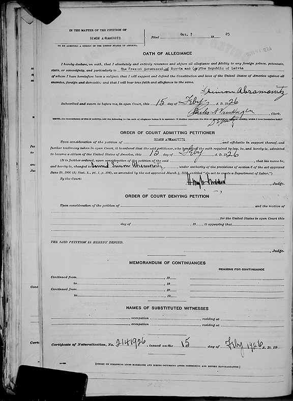Sam Abramowitz naturalization, 1922