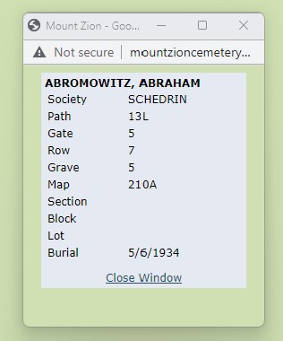 Abe Abramowitz cemetery information