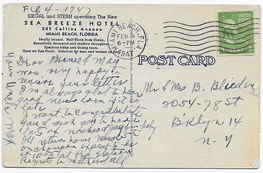 postcard to May and Bernie from Max in 1947