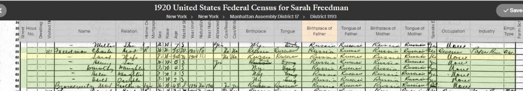 1920 Census for Charles and Sarah and family.
