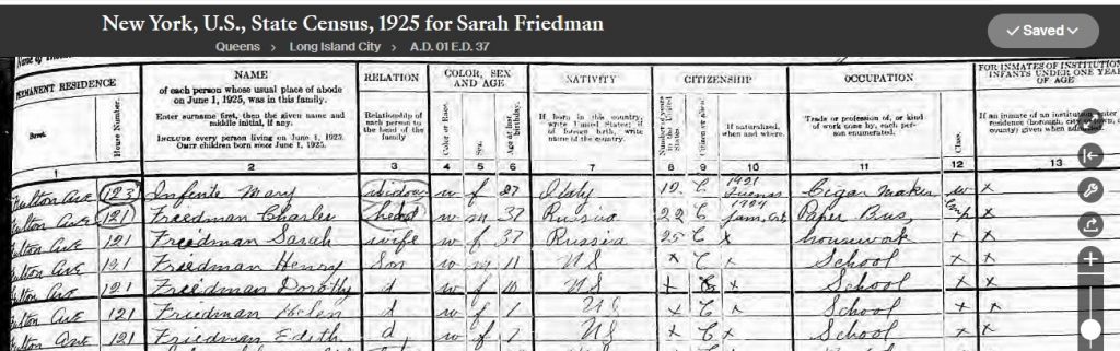 1925 NY State Census for Sarah and Charles and family