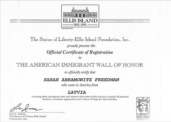Ellis Island Wall of Honor for Sarah