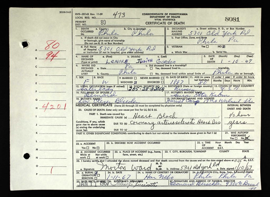 Death Certificate of Lenore Gordon