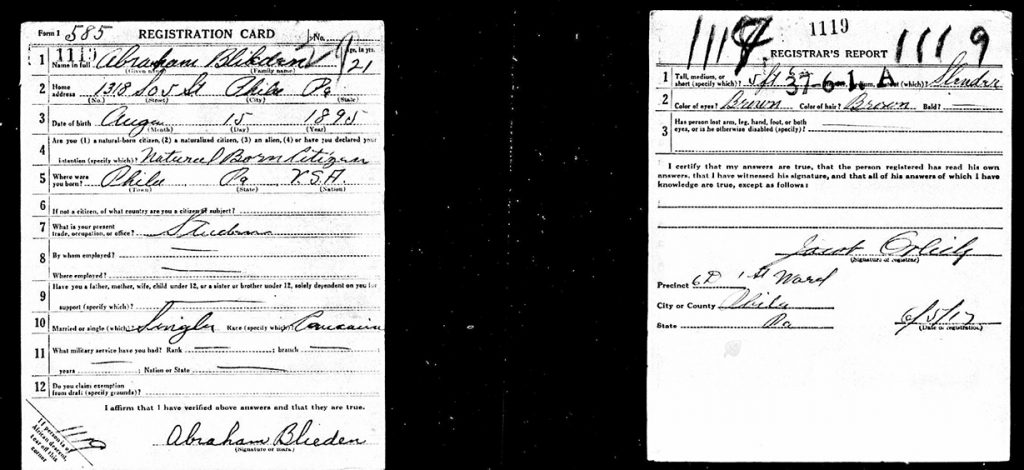 WWI Draft CArd for Abraham Blieden
